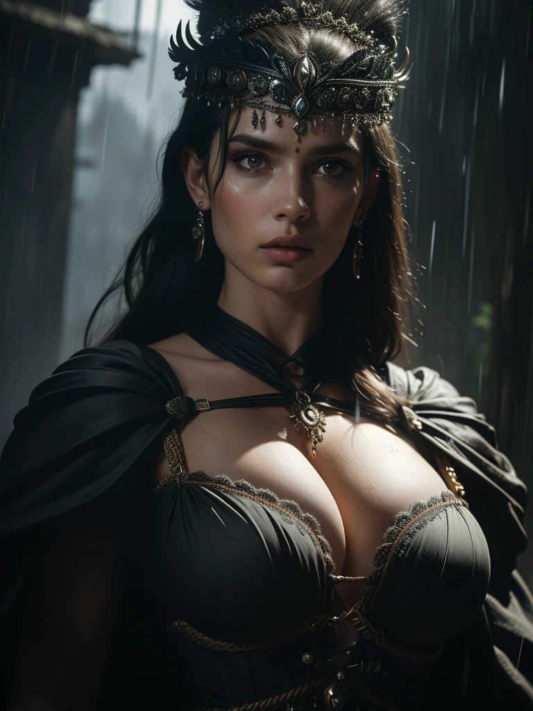 Strong Amazonian woman, Amazonian WARRIOR DRESS, surrounded by dark, moody shadows, ((raining)), , (((ultra realistic))) Photo, masterpiece, top quality, (pale skin), (Ultra detailed face and eyes:1.2), (({Enormous|Gigantic|Big|Huge|Mega} pushed-up breasts)), ((Full body))