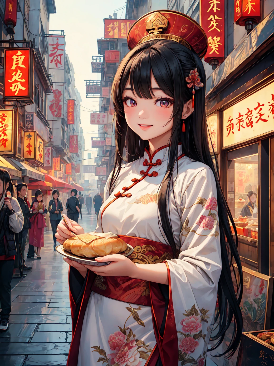 A smiling Chinese girl eating Peking duck,1girl,long dark hair,beautiful detailed eyes,beautiful detailed lips,extremely detailed eyes and face,longeyelashes,traditional Chinese dress,delicious food,traditional Chinese architecture in background,warm lighting,vibrant colors,cinematic composition,intricate details,masterpiece,photorealistic,high quality,8k