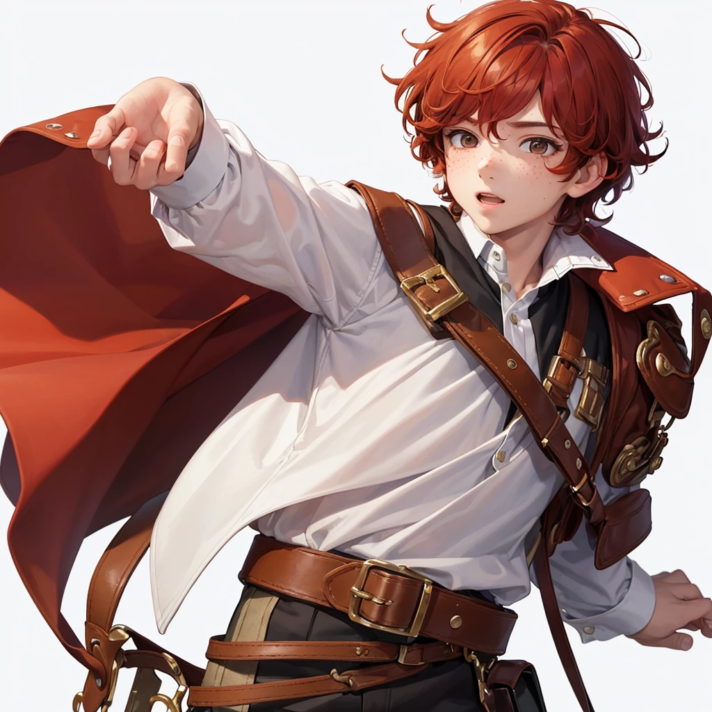 ((masterpiece)), (((Best quality))), illustration, boy, bright skin, Brown eyes, freckles, Red hair, curly hair, school clothes, belt, (White background: 1.3) ,--6