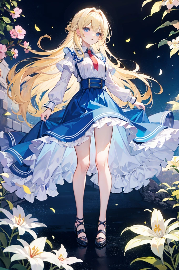 Alice,Light blond long hair,Blue Eyes,Blue Skirt,energetic and cute,In the flowers,Show the chest,Full body picture,