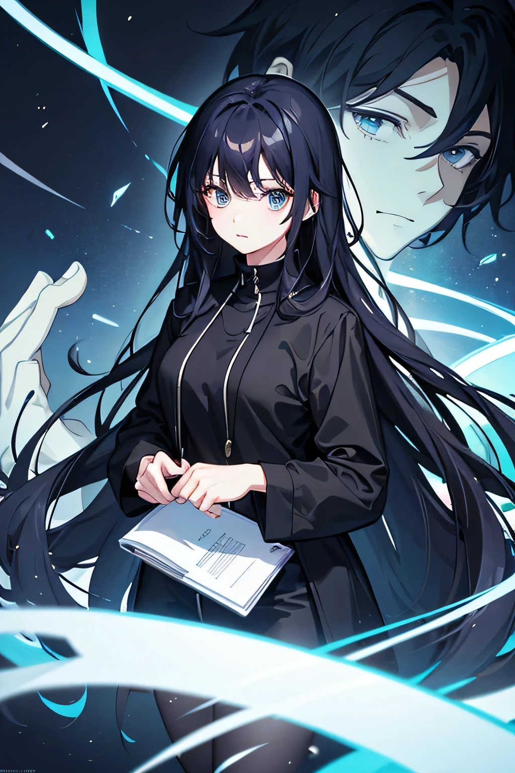 One girl and one boy, anime, best quality, high resolution, high quality, wearing black and dark blue clothes, beautiful face, hair color is black and eyes are black, dark logo, singing, business administration, background workers in the business building of a large company. 