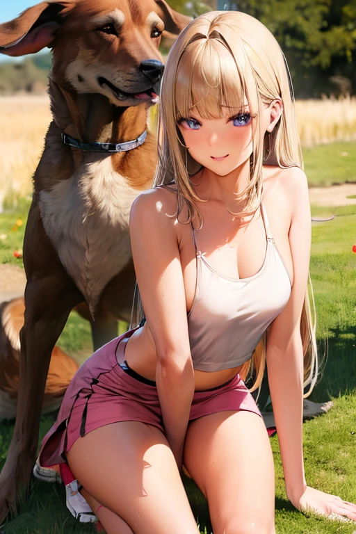Top Definition, Masterpiece, 4K, High Definition, One mature adult woman, one big dog, woman has platinum blonde, straight hair, one length. Slit eyes, sharp gaze, model-like beauty, perfect proportions. In the grass of a meadow, (a woman, on all fours. A large dog is holding onto the woman's back.)A complete body. Perfect hands and legs. Beautiful body, beautiful legs. Beautiful hands. Perfect body, perfect legs. Perfect hands.
Tank top, mini tight skirt.
A blush on her cheeks and a shy smile on her face.
(The skirt is so short.)
(Very short skirt).