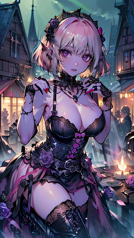 (masterpiece, Highest quality:1.3), (Very detailed:1.2), (hyperRealistic:1.3), (RAW Photos:1.2), High resolution raw color photos, Professional photos, (PhotoRealistic:1.4), (Realistic:1.4), (Pink Hair:1.5), Professional Lighting, Perfect Anatomy, (Big Breasts:1.2), (blush, Detailed face), (Bright smile:1.5), Trending Hair&Trending Hairカラーをランダムに, Earrings, necklace, bracelet, sexy, erotic sexy, ランダムなsexyなグラビアポーズ, (Beautiful cosplayer in a purple and black gothic ta dress、The mysterious smile of an old church、Black rose in hand。Lace headdress on head、She is wearing black boots。: 1.3)、Succubus