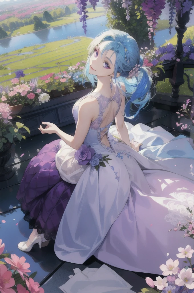 A boy with blue hair and purple eyes is sitting in a flower garden with a girl with blonde hair and pink eyes and wearing a prom outfit. Looking at it from a distance perspectiveundefined, undefined,