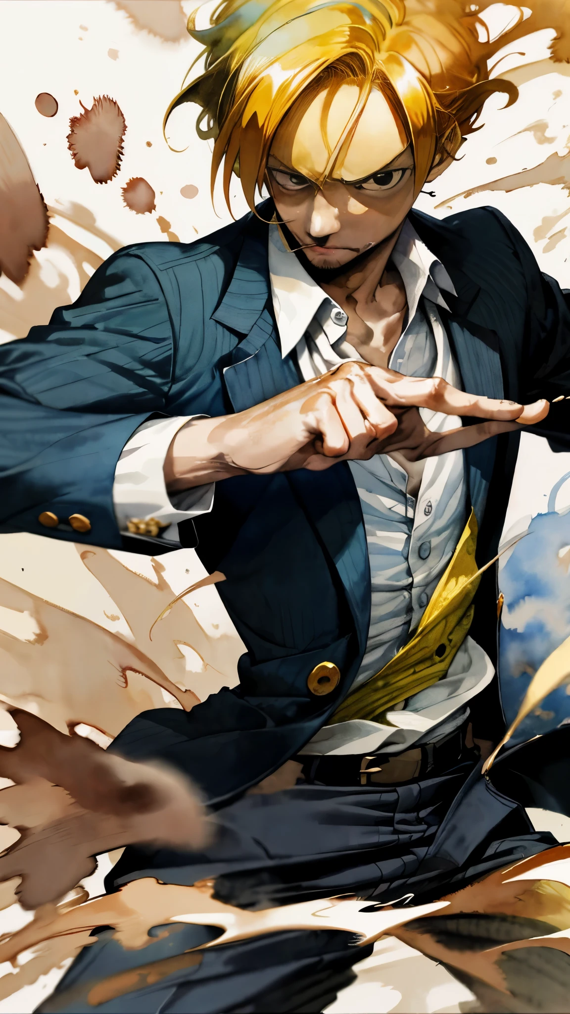 Creating Sanji from One Piece、Watercolor、An illustration、Yellow Hair、business suit、shirt、precise face features、black eye、Sporty clothing、High resolution、Dynamic pose、