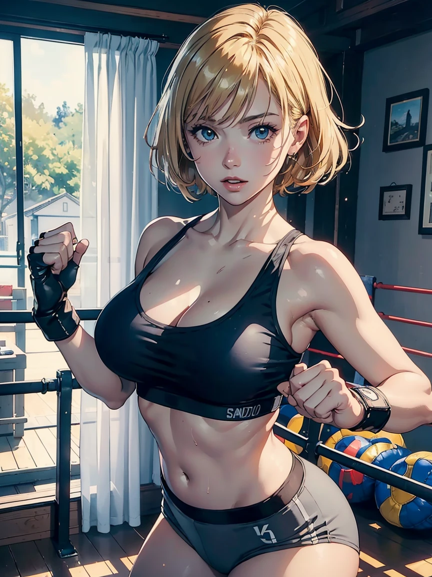 1lady solo standing, (sparring with sandbag), (dynamic posing), (stylish boxing outfit), (T-shirt) (sporty shorts), mature female, /(dark brown hair/) bangs (messy hair), light smile, open mouth, (teeth:0.8), (masterpiece best quality:1.2) delicate illustration ultra-detailed, large  BREAK (wearing glove), (motion blur:1.2), (blurred glove:1.2) BREAK (boxing gym) indoors, (sandbag hanging from ceiling), noon, detailed background heavy eye makeup, mascara, detailed hair, shiny skin, (focus on face and cleavage:1.1) (detailed skin and pores:1.3), large , cleavage, (wearing grey sports bra:1.3), (wearing yoga pants:1.1), slim waist, perfect hips, bokeh, depth of field, soft lighting, (play of light and shadow:1.2), ultra detailed　1990s anime, girl, cute, moreno, masterpiece, 4k, blonde hair, olhos pretos, in bar, wine A Gentle Girl with Golden Locks Engaged in Table Tennis. art by (Carl Larsson:1.2), (Post-Impressionist), ((Oil Painting)), Soft Lighting, Cool Tone, cammy sf6, 1 Girl, Solo, Blonde Hair, Short Hair, Absurd Resolution, A High-Resolution Masterpiece:1.4, ((Gentle Curtains of Gold)), 