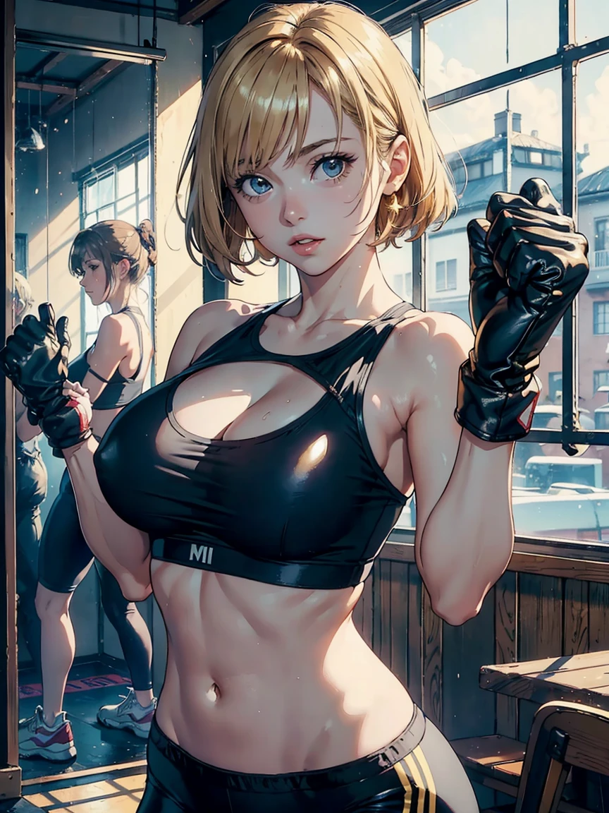 1lady solo standing, (sparring with sandbag), (dynamic posing), (stylish boxing outfit), (T-shirt) (sporty shorts), mature female, /(dark brown hair/) bangs (messy hair), light smile, open mouth, (teeth:0.8), (masterpiece best quality:1.2) delicate illustration ultra-detailed, large breasts BREAK (wearing glove), (motion blur:1.2), (blurred glove:1.2) BREAK (boxing gym) indoors, (sandbag hanging from ceiling), noon, detailed background heavy eye makeup, mascara, detailed hair, shiny skin, (focus on face and cleavage:1.1) (detailed skin and pores:1.3), large breasts, cleavage, (wearing grey sports bra:1.3), (wearing yoga pants:1.1), slim waist, perfect hips, bokeh, depth of field, soft lighting, (play of light and shadow:1.2), ultra detailed　1990s anime, girl, cute, moreno, masterpiece, 4k, blonde hair, olhos pretos, in bar, wine A Gentle Girl with Golden Locks Engaged in Table Tennis. art by (Carl Larsson:1.2), (Post-Impressionist), ((Oil Painting)), Soft Lighting, Cool Tone, cammy sf6, 1 Girl, Solo, Blonde Hair, Short Hair, Absurd Resolution, A High-Resolution Masterpiece:1.4, ((Gentle Curtains of Gold)), 