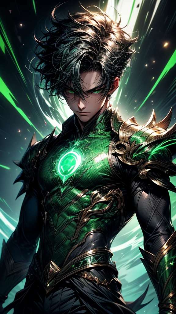 Masterpiece, best quality, high resolution, highly detailed, 1 young boy ( teenager 18 years old), young handsome face, green short hair ( light in the hair), green eyes ( glowing eyes ), cold expression ( cold look ), wearing white and white clothes and pants, , surrounded by the splendors of the universe, pay attention to stunning details, and achieve a resolution of k, floating in a dynamic pose, high quality, with a majestic green aura of authority. Green aura emanating from the character, cold look, devoid of any emotion, dark background, detailed eyes, detailed face, handsome, really short hair, facing camera, green orb on chest, armour
