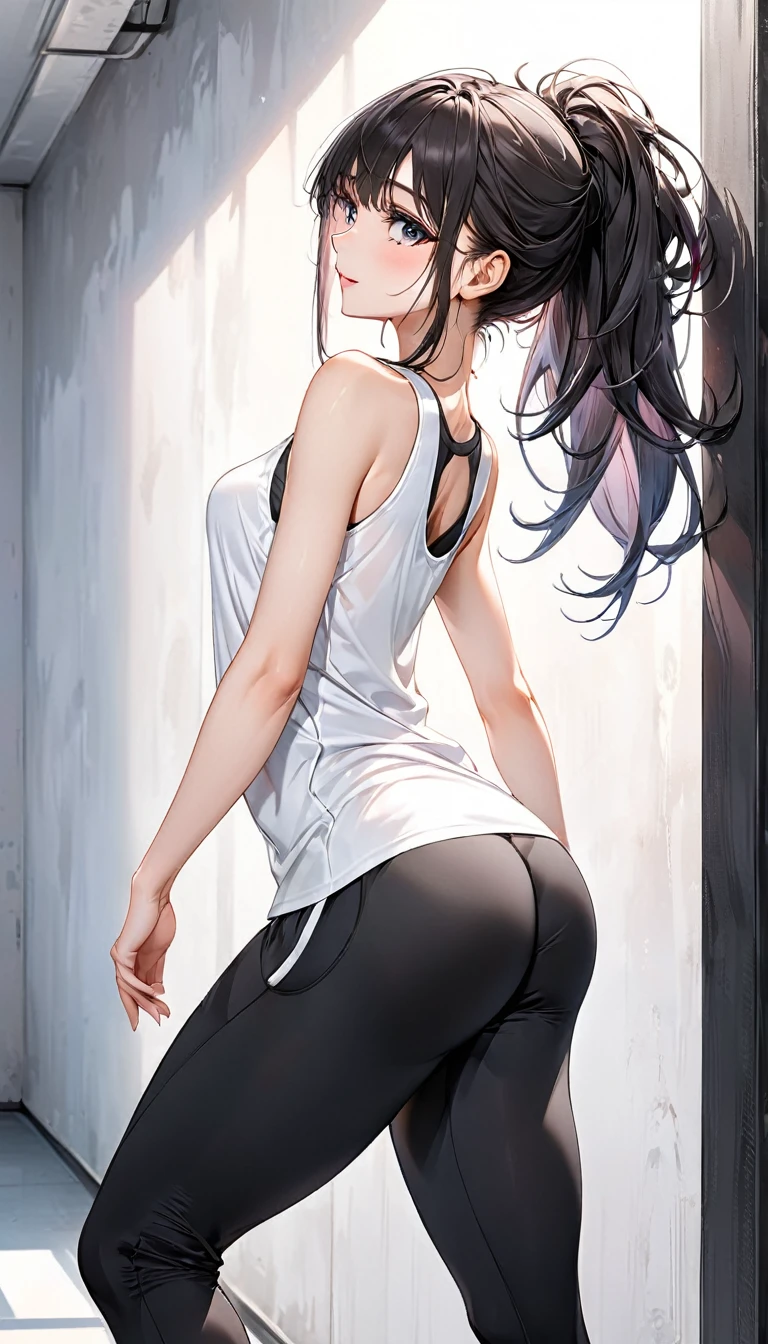 from side, looking back, stretching, standing with hands on wall and buttocks sticking out, feet shoulder-width apart, beautiful woman, amorous and lewd face, make-up, up-hair, wearing white loose baggy tank top, black tight knit yoga pants, great proportion, background training studio, (ultra detailed, absolutely resolution, best quality:1.3), 2.5D, delicate and dynamic, artistic photography, hyper realistic, graphic CG digital art