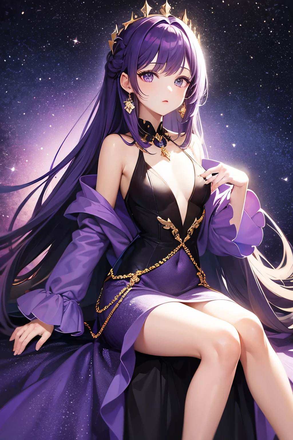 Gemstones Space Background　Sitting on the throne　Purple Hair　Purple eyes　Purple Dress　beautiful girl　True Face