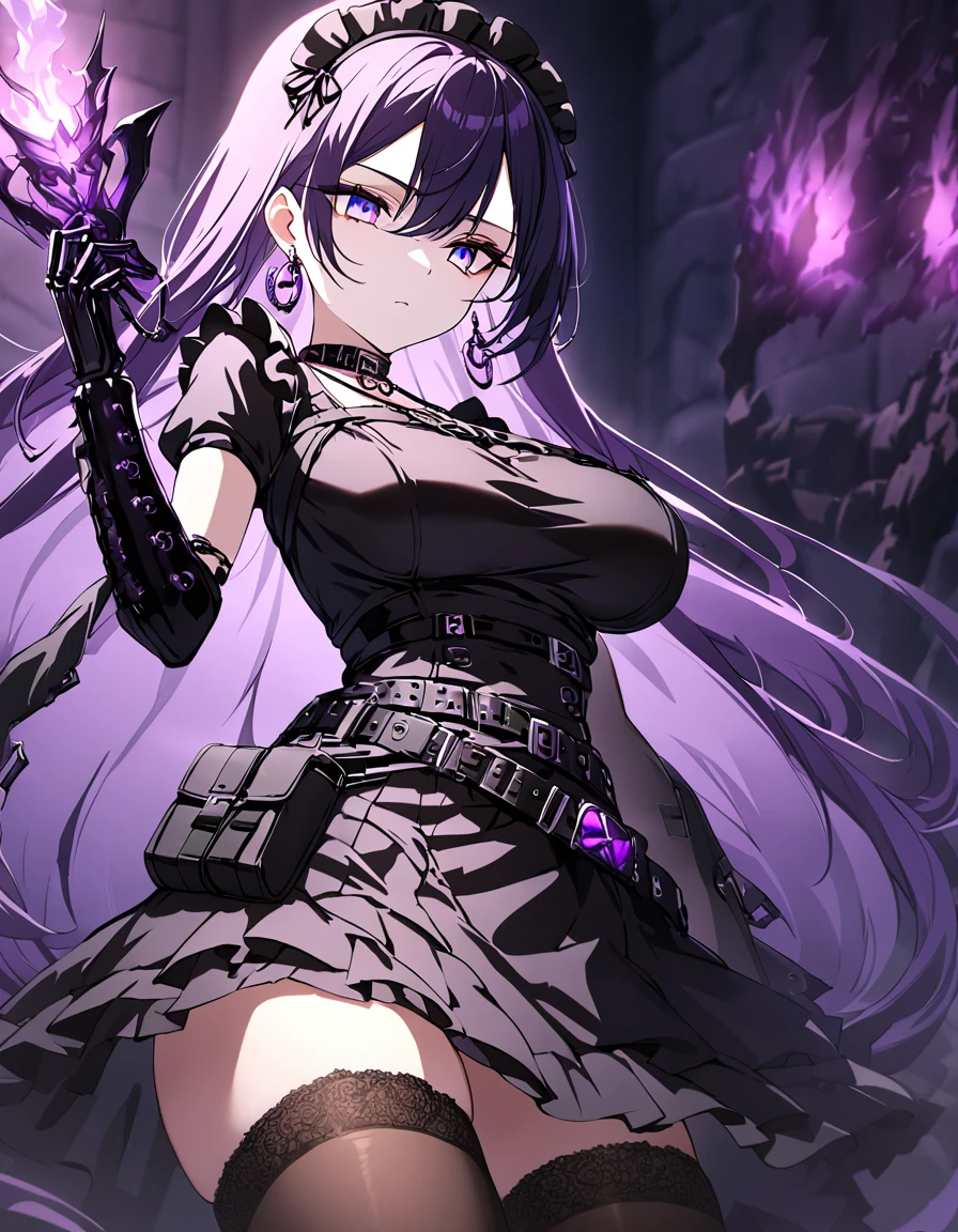 sovetsky_Soyuz, iridescent blue eyes, long black and purple hair, earrings, necklace, gothic style, webbed belt, tactical, pouches, chains, black maid outfit, black apron, weapon Holster, webbed belt, tactical, pouches, frilly skirt, metal gloves, black thigh highs, Long eyelashes, eye shadow, first rate breasts, large breasts, ominous vibe, expressionless, stoic, purple light glow, purple fire, shadowy, Ultra quality, UHD, high detail, anime aesthetic, Anime screenshot, Ultra quality, UHD, high detail