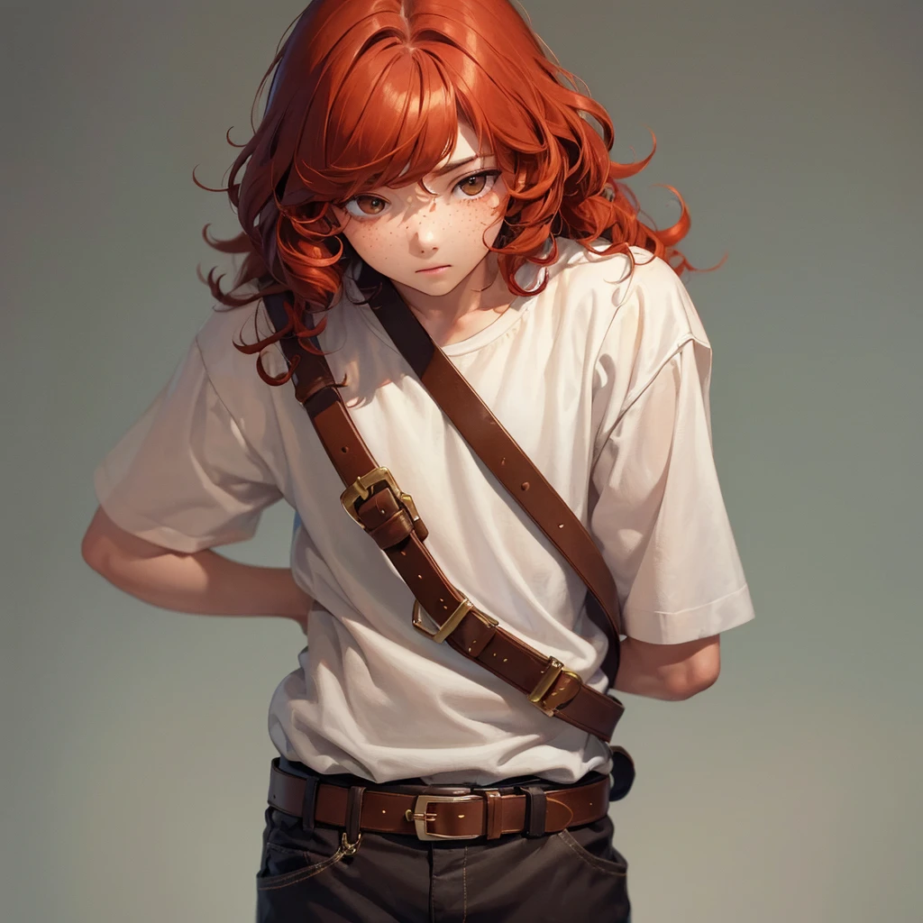 ((masterpiece)), (((Best quality))), illustration, boy, bright skin, Brown eyes, freckles, Red hair, curly hair, school clothes, belt, relaxed posture, (simple background: 1.3) ,--6