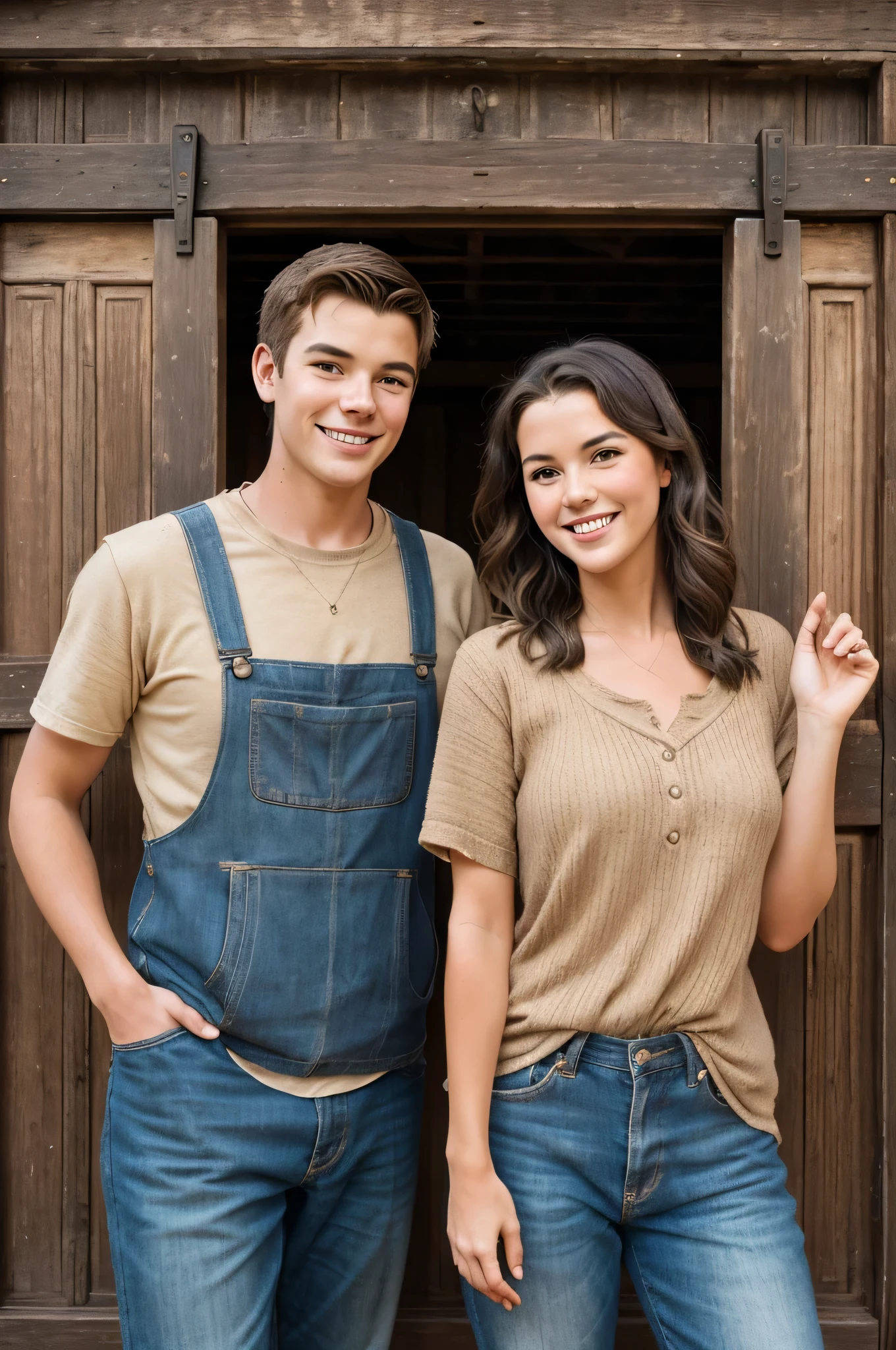 "Generate an image of a vintage-themed profile picture featuring two young adults. They are leaning against the sides of a rustic, wooden doorframe, smiling at each other. The background should include old, weathered wooden doors and walls, adding to the nostalgic and sepia-toned effect. The overall mood should be warm, candid, and playful."
