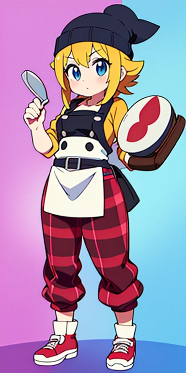 Full body, beautiful eyes , 1 girl , full body , cute girl , anime style , cute eyes , (standing up) , (Chefs in the Pokémon world are easily recognizable by their distinctive attire. They typically wear traditional chef uniforms, including a white double-breasted jacket, black or checkered pants, and a tall chef's hat (toque). Some may also don aprons, oven mitts, and carry cooking utensils like spatulas, ladles, or knives. Their Poké Balls are often stored in special pockets or pouches on their aprons or belts.)