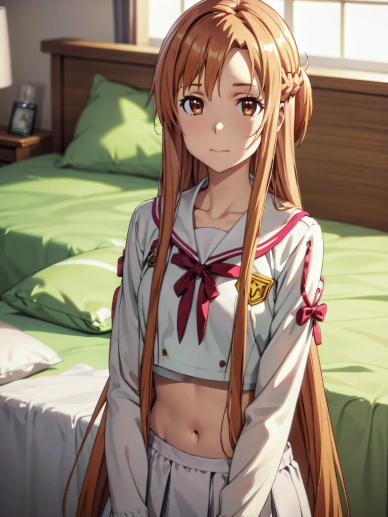 Highest quality, masterpiece, ultra super detailed,High resolution,8k,16k,32k,anime,cinematic lighting,(Perfect anatomy,anatomically correct,ultra-detailed skin),yuuki asuna,yuuki_asuna,Eft_sao_asuna, asuna,1girl,solo, standing,embarrassing,(Brown Hair, Brown eyes), Long Hair, Hair Ribbon,(sailor uniform),Looking at viewer, bedroom