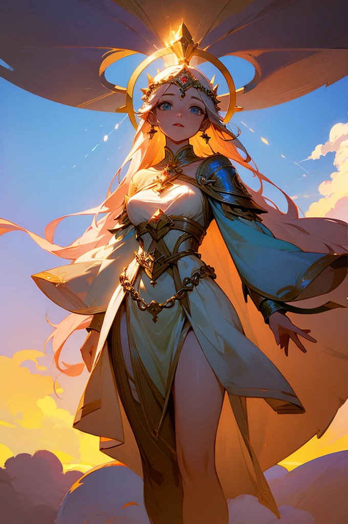 goddess in the sky, divine light, fantasy, standing
