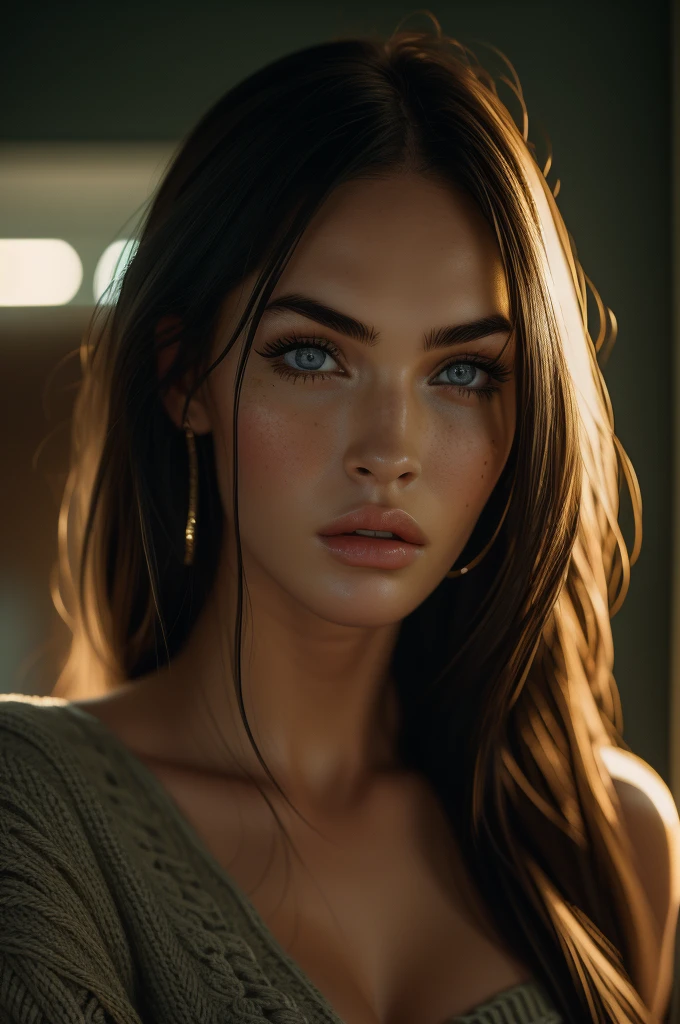 16 years old Megan Fox, ultra-detailed Nordic eyes, knit sweater, (((masterpiece, ultra-detailed face))).