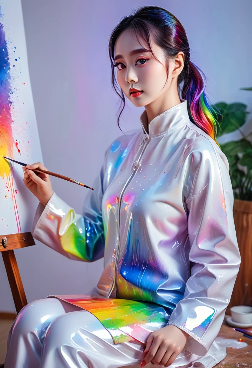 Rainbow painting, prismastic, holographic, Chromatic Aberration,
masterpiece, best quality, 1 Girl, Chinese,White latex clothing