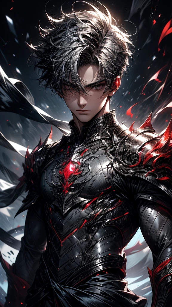 Masterpiece, best quality, high resolution, highly detailed, ung boy ( teen 18 years old), young handsome face, gery short hair ( light in the hair), black eyes ( glowing eyes ), cold expression ( cold look ), wearing white and white clothes and pants, , surrounded by the splendors of the universe, pay attention to stunning details, and achieve a resolution of k, floating in a dynamic pose, high quality, with a majestic grey aura of authority. Grey aura emanating from the character, cold look, devoid of any emotion, dark background, detailed eyes, detailed face, handsome, really short hair, facing camera, grey hair, ash grey hair, grey glowing ruby on center of chest clothes, ruby, orb, armour, looking straight