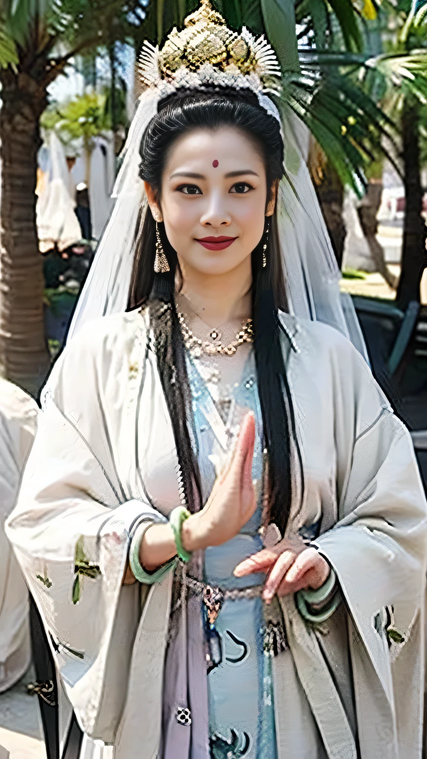 Bodhisattva，Wearing a purple dress、Wearing a pagoda crown、Arafah women covered in white sand，Standing on the lotus，Wearing white gi，Hands together，Facing the camera