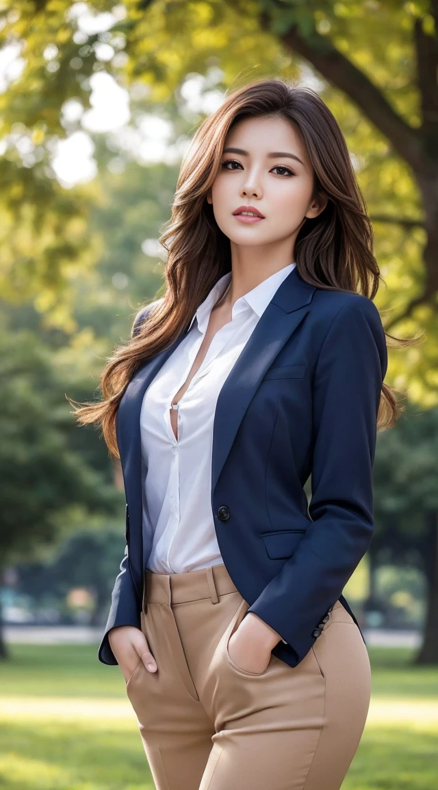 masterpiece, Highest quality, Realistic, Very detailed, Finer details, High resolution, 8k wallpaper, 1. Beautiful woman, Wear casual business attire, In the park where the morning sun shines, Early in the morning, Light brown messy hair, Perfect dynamic composition, Beautiful and exquisite Provocative pose Provocative look Sexy lips