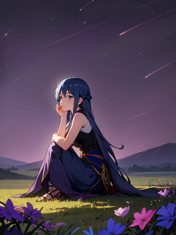 A girl sits on a vast grassland under a blue starry sky. She has long hair blowing in the wind and holds a small flower in her hand. The surroundings are filled with gentle light, and in the distance you can see quiet forests and mountains. The girl's expression is calm, and there is hope and serenity in her eyes as she stares into the distance