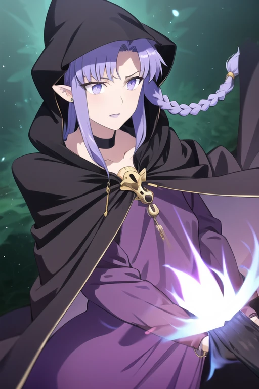 choker, cloak, hood, jewelry, magic, ring, robe, solo, witch, medea, blue hair, long hair, (purple eyes:1.1), purple hair, braid, hair braid, single braid, pointy ears,
