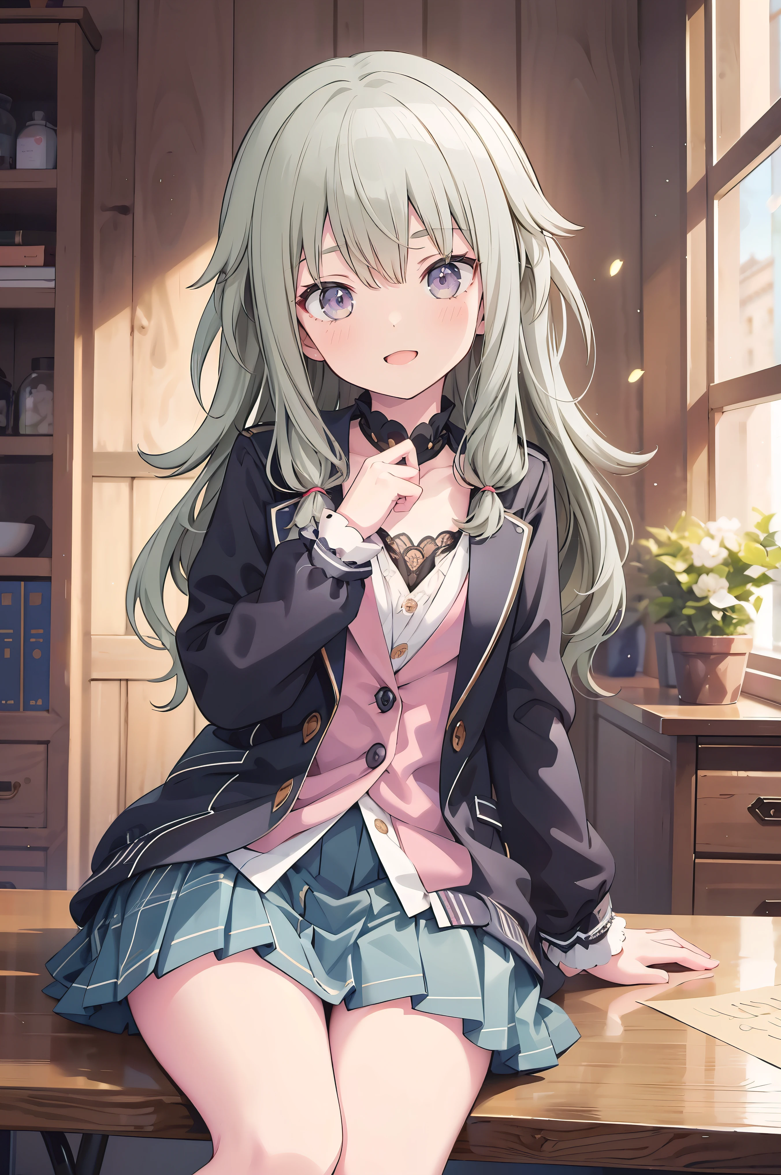 (8k, 最high quality)、Ultra-high resolution、adorable、最high quality, beautiful, (((Absurd beauty)))、masterpiece、Best image quality、(Front facing)、good feeling、smile,Face the camera、Delicate eyes、smile、Small face、female、1 person、masterpiece, Most detailed、、blazer、skirt、 high quality、♡、heart、Shiny Hair、Very fine and beautiful bright eyeedium chest、nose blush、Very detailed, clear and beautiful face, Awards, (Anatomically correct)