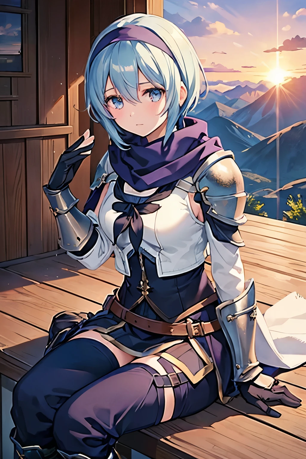 One girl, One boy, (Highest quality, beruka, Gauntlet), armor, Purple scarf, Black gloves, pants, boots, Wear a bandana on your head, Sitting, in front, wood, Mountain, Beautiful landscape in the background, Soft sunset, A subtle reflection on the ground.