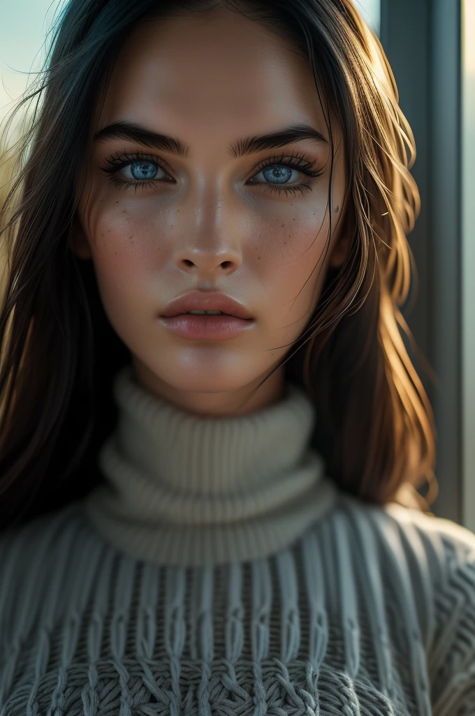 Megan Fox, ultra-detailed Nordic eyes, knit sweater, (((masterpiece, ultra-detailed face))).