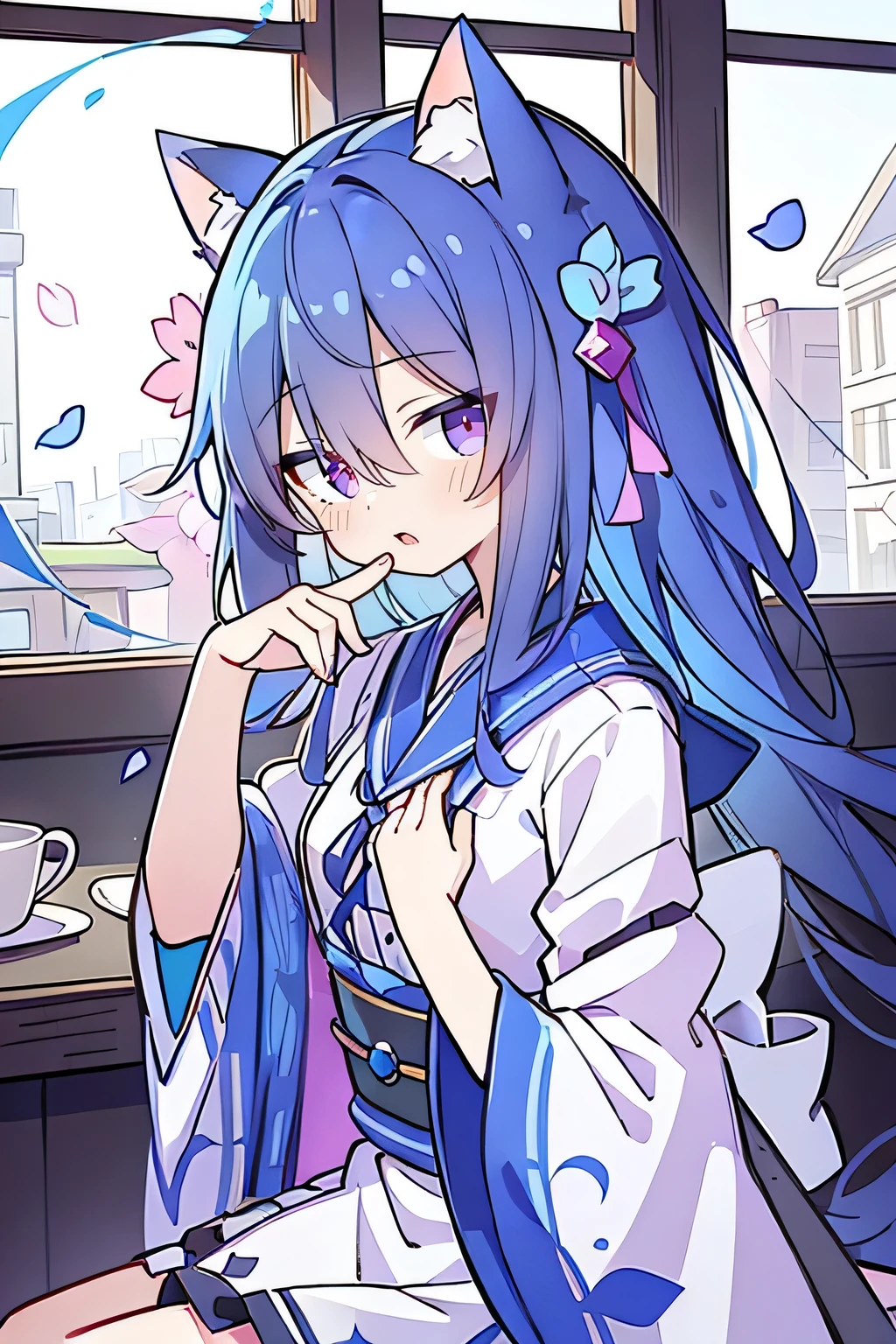 (Masterpiece:1.2),Ultra-detailed,lifelike,The eyes are expressive,Fair skin,Perfect face shape,1 girl,Japanese Manga,Gorgeous blue hair,Flowing blue hair,Flowing clothes,Cat ears,Petals falling,Shy face,sitting on window,Place your hand on your lips.