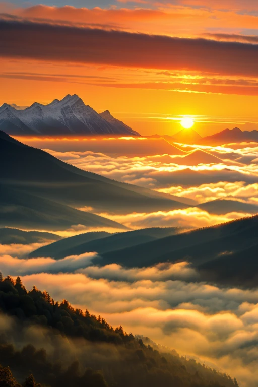 A beautiful scenery,sunrise,mountains,foggy,