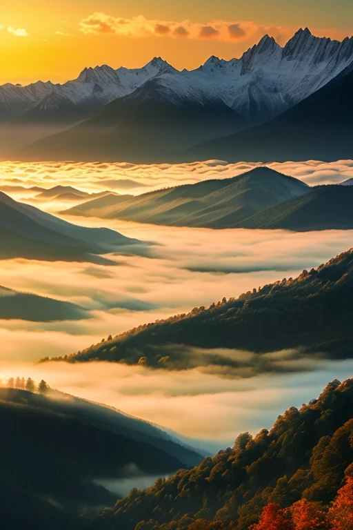 A beautiful scenery,sunrise,mountains,foggy,