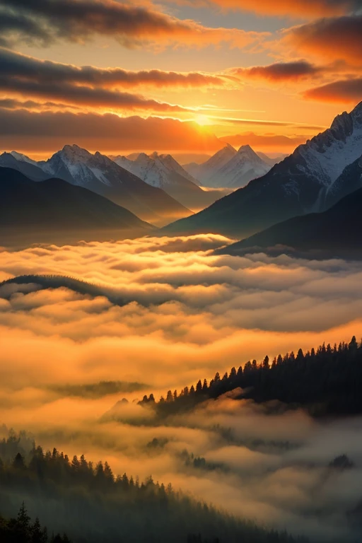 A beautiful scenery,sunrise,mountains,foggy,