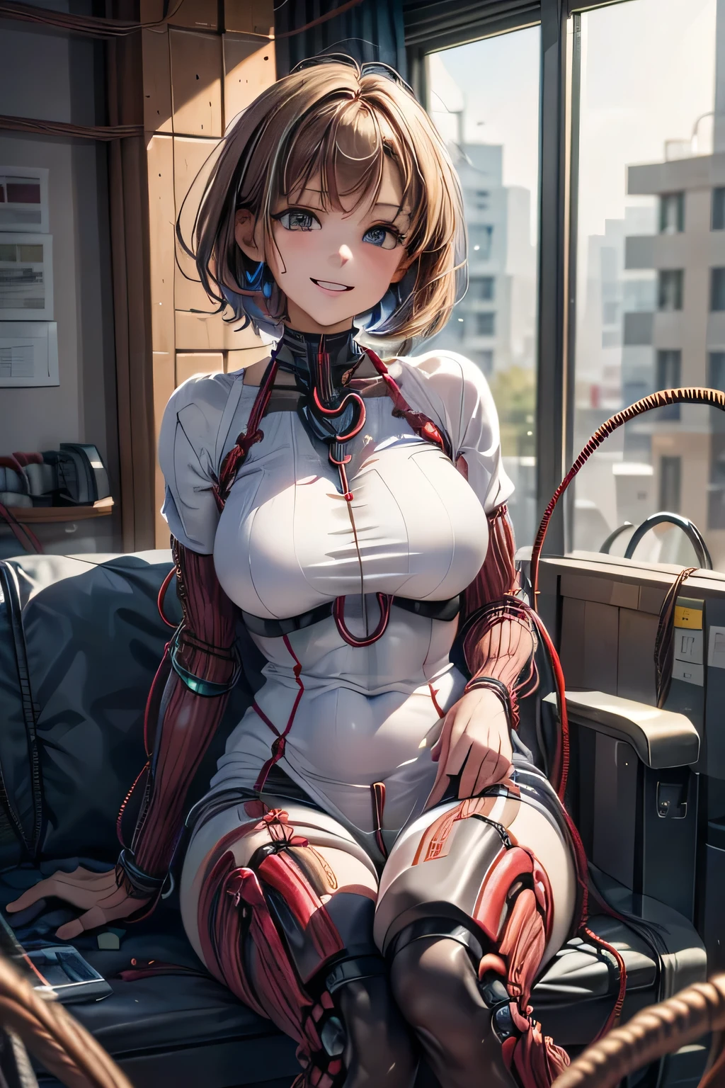 (((masterpiece))), (((Highest quality))), ((Very detailedな)), (Detailed CG illustrations), ((Very delicate and beautiful)),Cinematic Light,((One Mechanical Woman)), alone,mature,(Big and ample breasts),(Plump), (((The crotch is open))),((Thighs)),((Sitting)),whole body, (Machine made joints:1.4),((Mechanically cut muscle blood vessels connected to tubes),((Mechanical cervical spine attached to the neck)),(Wires and cables connected to the head and torso:1.5),short hair,(Character Focus),sf, ,((Very detailed,colorful)),Best details, ((background: basement))
