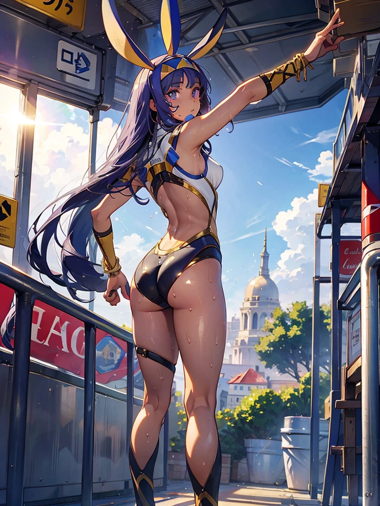 Nitocris,Nitocris(Fate), 1 girl,(masterpiece:1.2),(Highest quality),(Super detailed:1.2),(High resolution),(Highest quality),(An illustration),8k,Cinema Lighting,(Written boundary depth),(Sophisticated lighting:1.2),Rear view of a woman riding a bicycle,(Racing Suits),(Racing Gloves),((Recall)),((Butt)),(Sweat),(hand,detailed,perfection,perfectionion,hands),(Take the train)