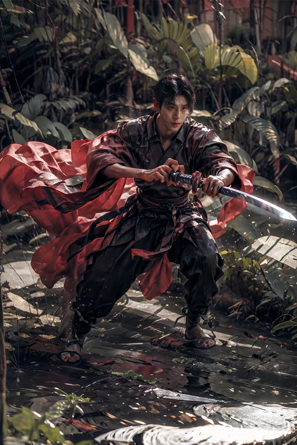 Masterpiece,16ก,High quality,Artwork of,Combat spirit,1 boy,red theme,smog,floating weapon,long sword,bright light,Bright backgrounds,Handsome face,delicate face,bright surface,Photos taken with a Sony camera,movie light,full body,walk,