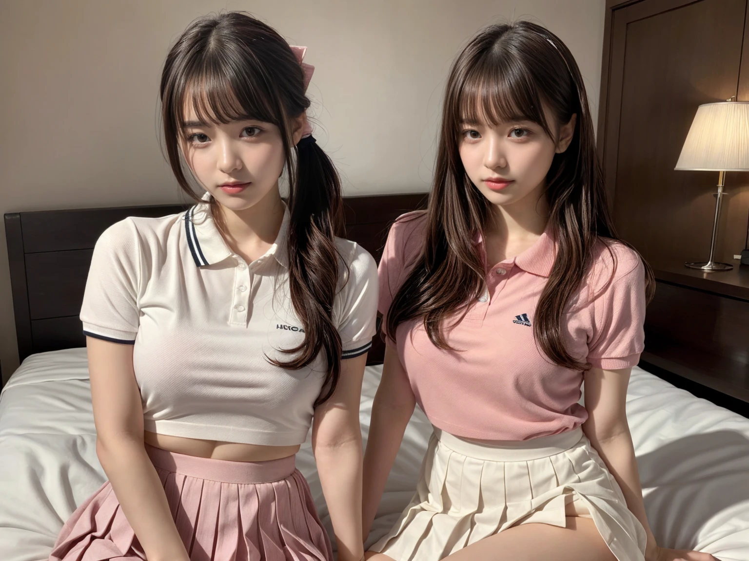 masterpiece, best quality, illustration, Super detailed, fine details, High resolution, 8K,wall paper, perfect dynamic composition,(Details High quality, realistic depiction of eyes:1.3), (2 girls), BREAK (white theme:1.4), (tucked-out short sleeve white polo shirt:1.4), (pink lines on tops outline:1.3), (pure white pleated mini skirt:1.3), (hem of top covers top half of skirt:1.3), (pink fluffy scrunchie on wrist:1.3), (white and pink sports shoes:1.2), sitting, open legs, short bob hair, in a hotel room in the background, deep on field, (large breasts:1.2), black hair color, Big Natural Color Lip, (perfect body shape), crying a little、Harajuku style、20 year old girl、cute type、beautiful legs, Gravure Idol