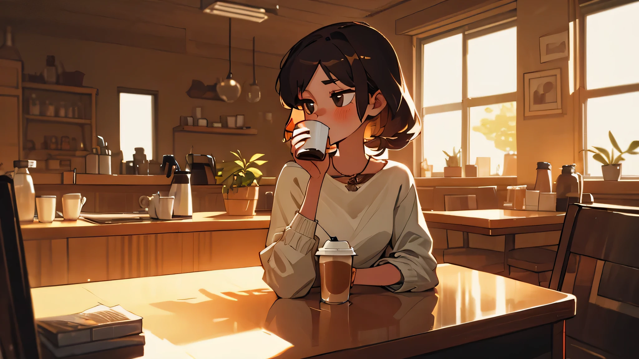 best quality, Girl drinking coffee in a room