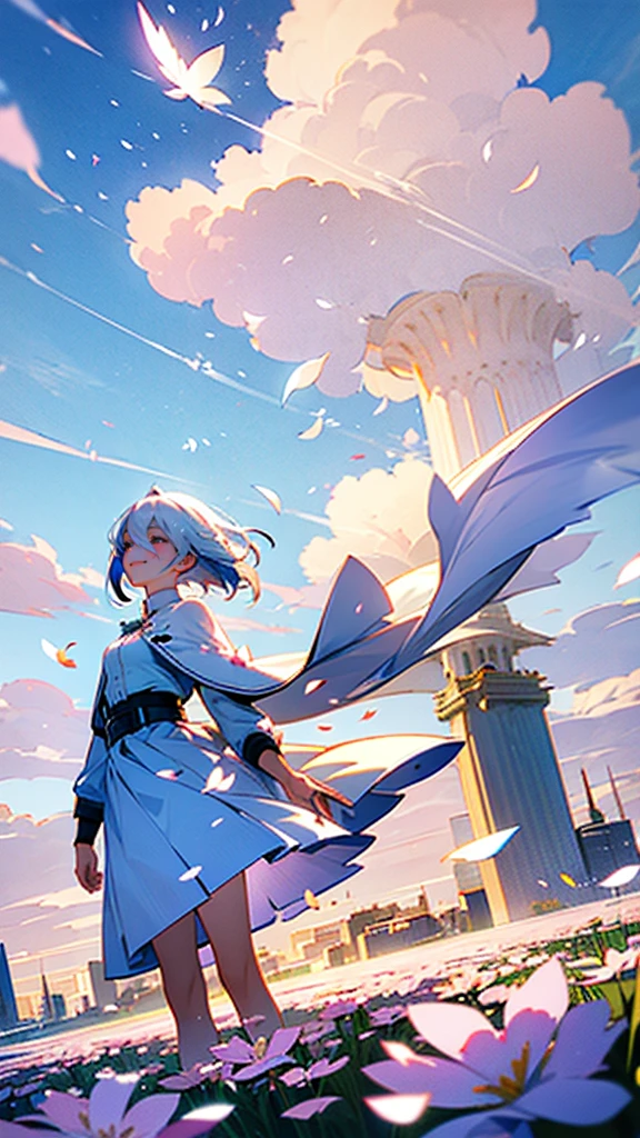Masterpiece, best quality,
1 girl, Backlight, white hair, alone, smile, white skirt, (Flying petals:1.2), (Flower Meadow),
sky, cloudy sky, building, sun