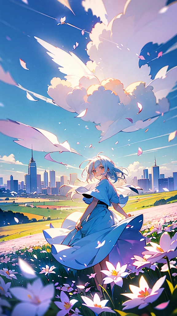 Masterpiece, best quality,
1 girl, Backlight, white hair, alone, smile, white skirt, (Flying petals:1.2), (Flower Meadow), 
sky, cloudy sky, building, sun