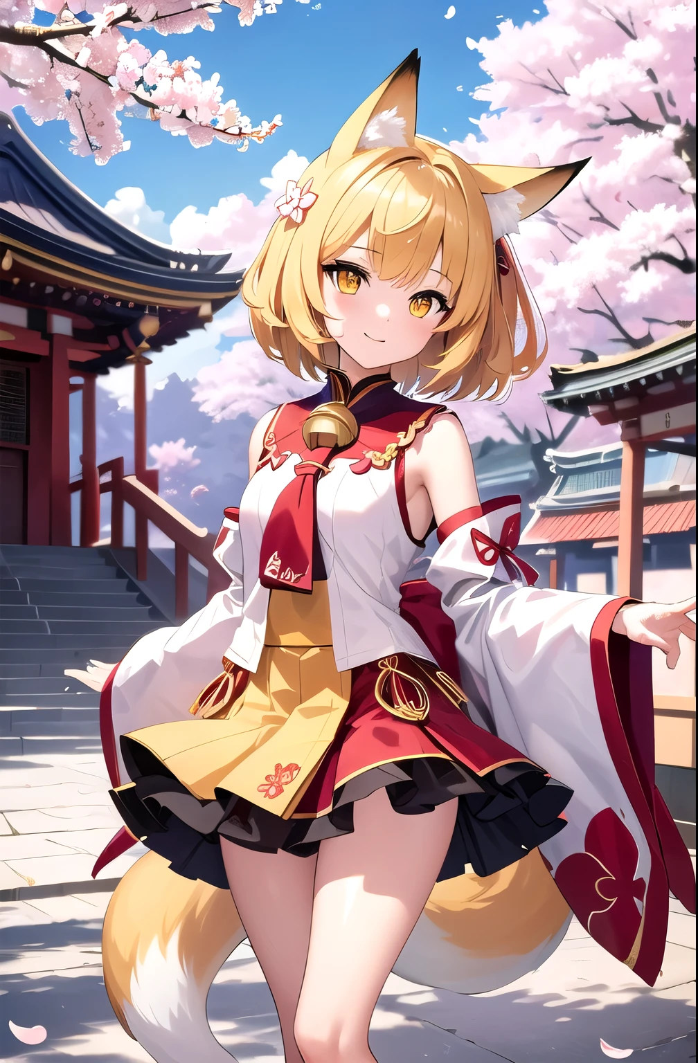 masterpiece, Highest quality, One girl, Short skirt,Yellow Eyes, Medium Hair, stage, cherry blossoms, Temple, Fox Girl, Removable sleeves, Animal ears, Happy, Put your arms behind your back,