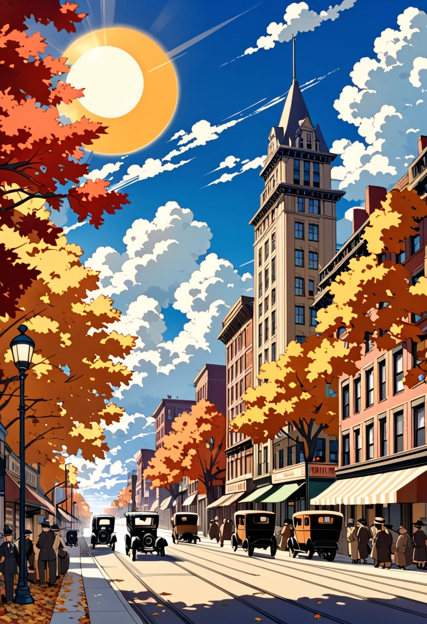 highest quality, (anime style 1), Prohibition-era US city, 1929 year, autumn, Clouds, Sun