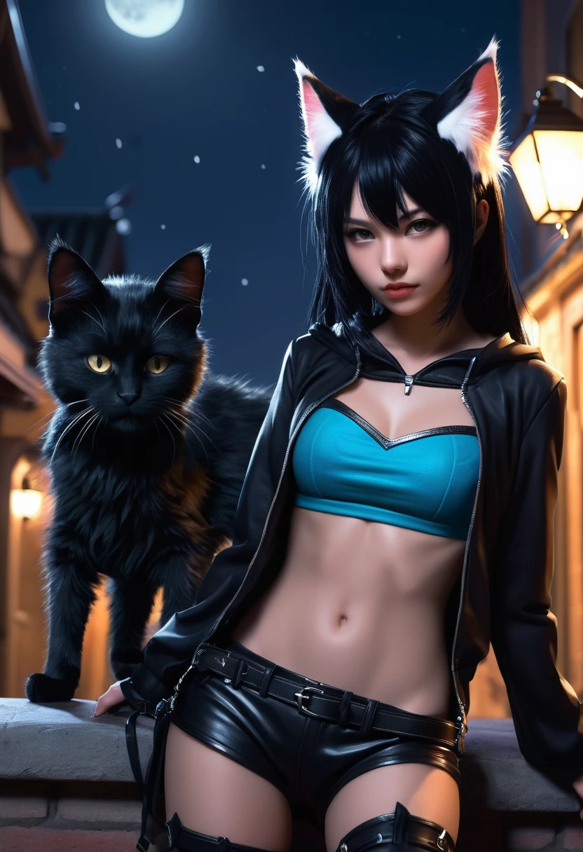 Monster Girl, Cat ear,20th Generation,Thief,Thief,Black Hair,night,Realistic Women,cute