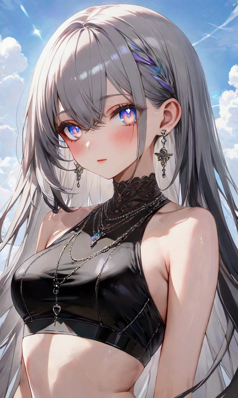 A young woman with long smooth dark grey hair, iridescent eyes, fair skin tone, black crop top, (detailed body), (detailed eyes) (masterpiece), (best quality), (ultra-detailed)