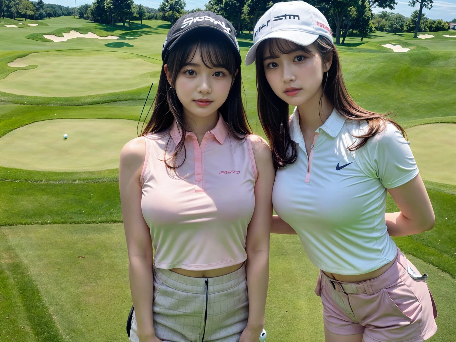 masterpiece, best quality, illustration, Super detailed, fine details, High resolution, 8K,wall paper, perfect dynamic composition,(Details High quality, realistic depiction of eyes:1.3), (3 girls), BREAK (perfect authentic golf wear:1.3)、(Beautiful white and pink gradation golf wear with a stylish design:1.2)、(White and pink gradation golf wear:1.3)、(shorts:1.3)、 (golf cap:1.3), sitting, open legs, short bob hair, deep on field, (large breasts:1.2), black hair color, Big Natural Color Lip, (perfect body shape), crying a little、Harajuku style、20 year old girl、cute type、beautiful legs, Gravure Idol