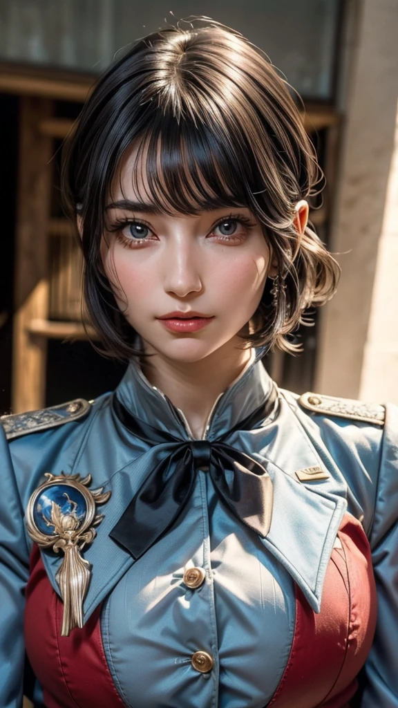 ((Beautiful Face:1.4)), (Purelos Face_v1: 1.0), Half Body,(Highest Resolution, clear_image) Highest quality, Single, One Woman, alone, masterpiece, Very detailed, Semi-realistic, Black short hair, Black Hair, bangs, 18-year-old, mature, light blue uniform, uniform, Indoor Background, kind, Authoritative, Powerful, Exquisite facial features, Exquisite facial features,((Natural big breasts:1.4))