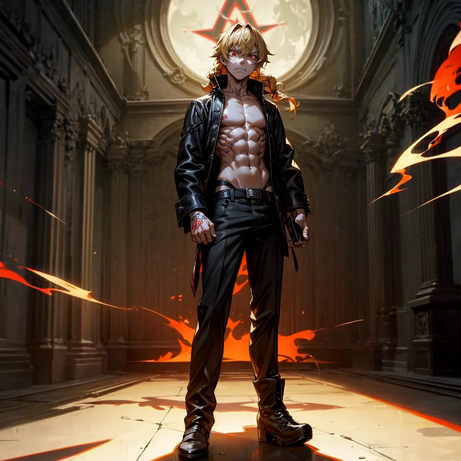 Solo character, full body version, old man, red eyes, blonde hair, long Curly hairstyle, casual clothing, topless, boots, muscle, detailed shadow, (death note style art), indoor room cathedral, dark, darkness room, angry eyes, very angry, red glowing eyes, shotgun in hand, smoke effect, fire, blood, glow effect, lighting, moon, Moonlight standing gesture, tatto body 