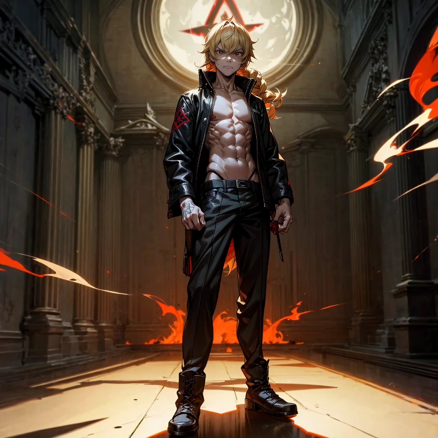 Solo character, full body version, old man, red eyes, blonde hair, long Curly hairstyle, casual clothing, topless, boots, muscle, detailed shadow, (death note style art), indoor room cathedral, dark, darkness room, angry eyes, very angry, red glowing eyes, shotgun in hand, smoke effect, fire, blood, glow effect, lighting, moon, Moonlight standing gesture, tatto body