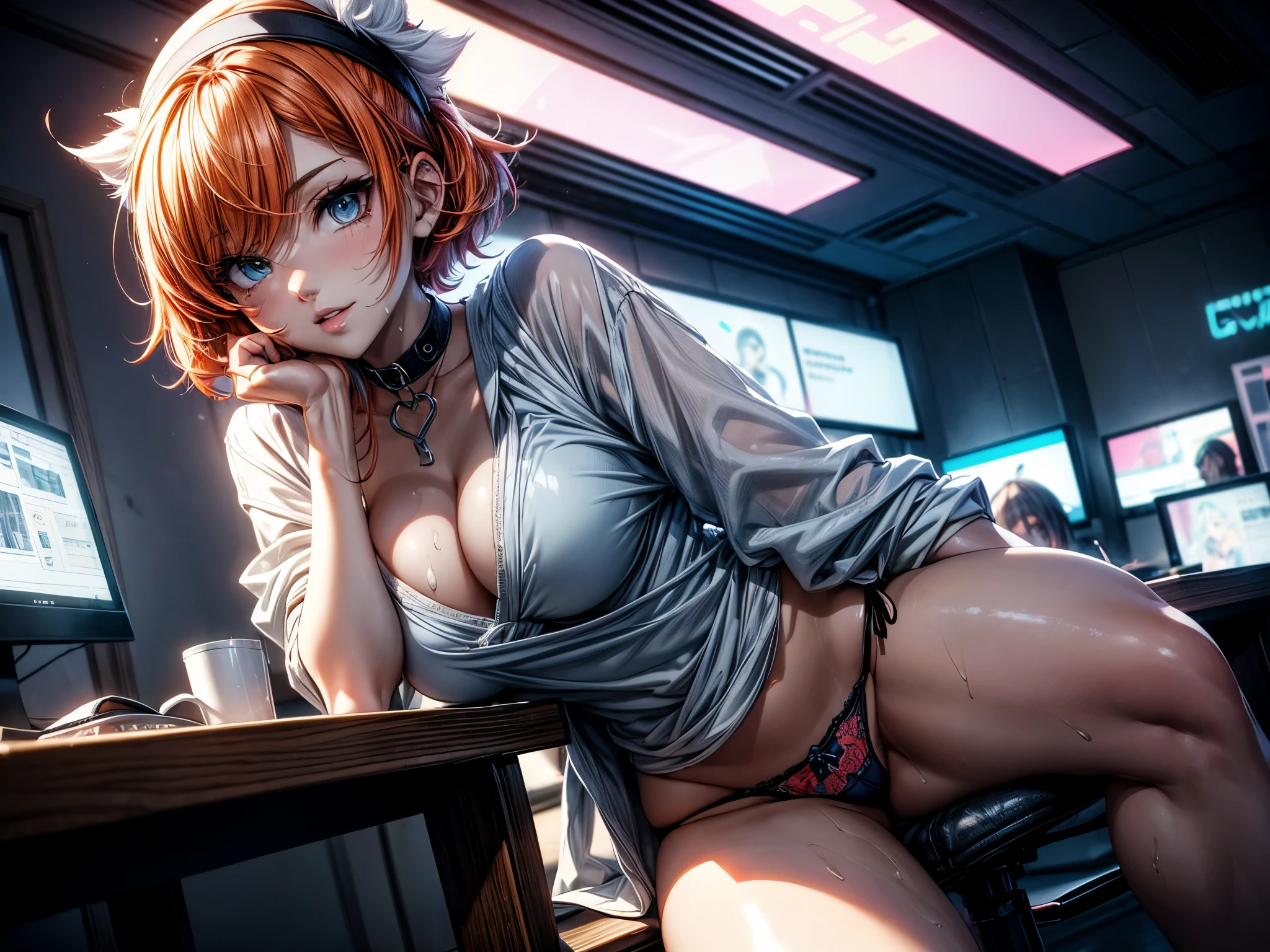 (masterpiece)(8k)(cute)(facial close-up) a 18-year old girl, white apron, sitting on chair, leg hanging over armchair, orange hair, short hair, wild messy hair, flat chest, white bandana, choker necklace, (visible panties:1.3), e-girl, gamer, punk, lime green pupils, seductive smile, horny, (semen:1.3), (glossy lips:1.2), shiny lips, eyeshadow, night, modern architecture, rossdraws pastel, digital wallpaper art, anime 8k style, blurry background